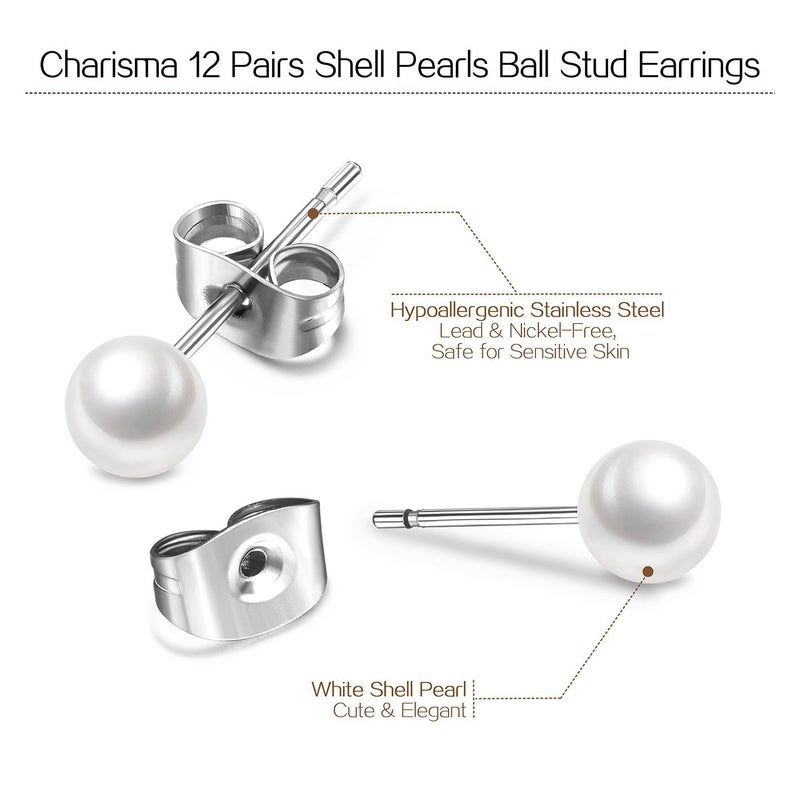 Charisma 6mm Composite Pearl Earrings Round Ball Pearls Stud Earrings Hypoallergenic 12 Pairs Imitation Pearl Earrings Set for Women - Image 3
